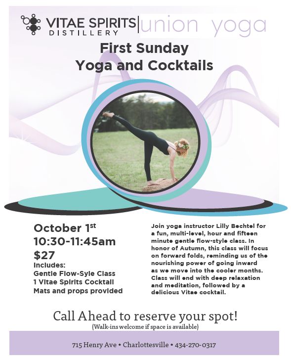 Event: Yoga & Cocktails Sun. 10/1 10:30 am - Vitae Spirits Distillery